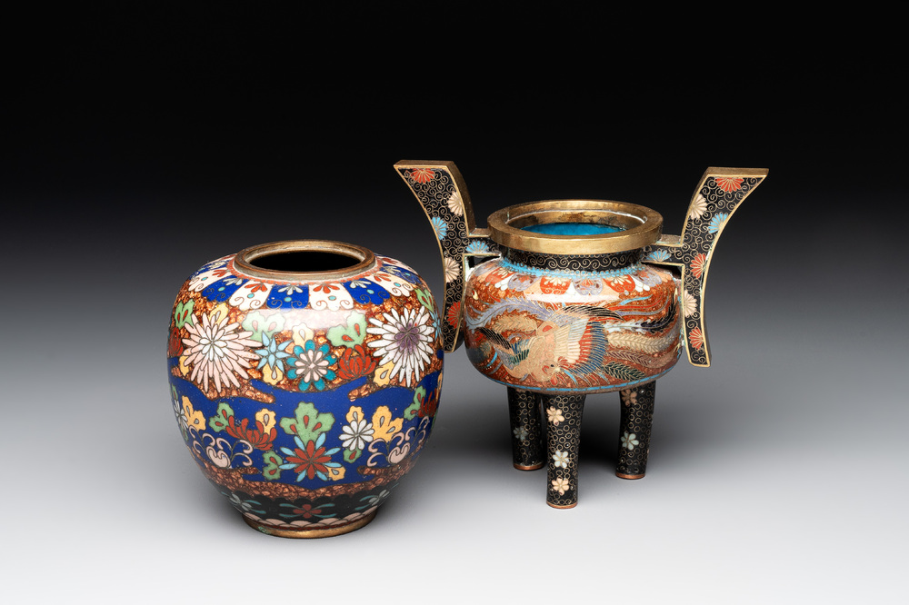 A Japanese cloisson&eacute; jar with floral design and a 'phoenix' tripod censer, 20th C.