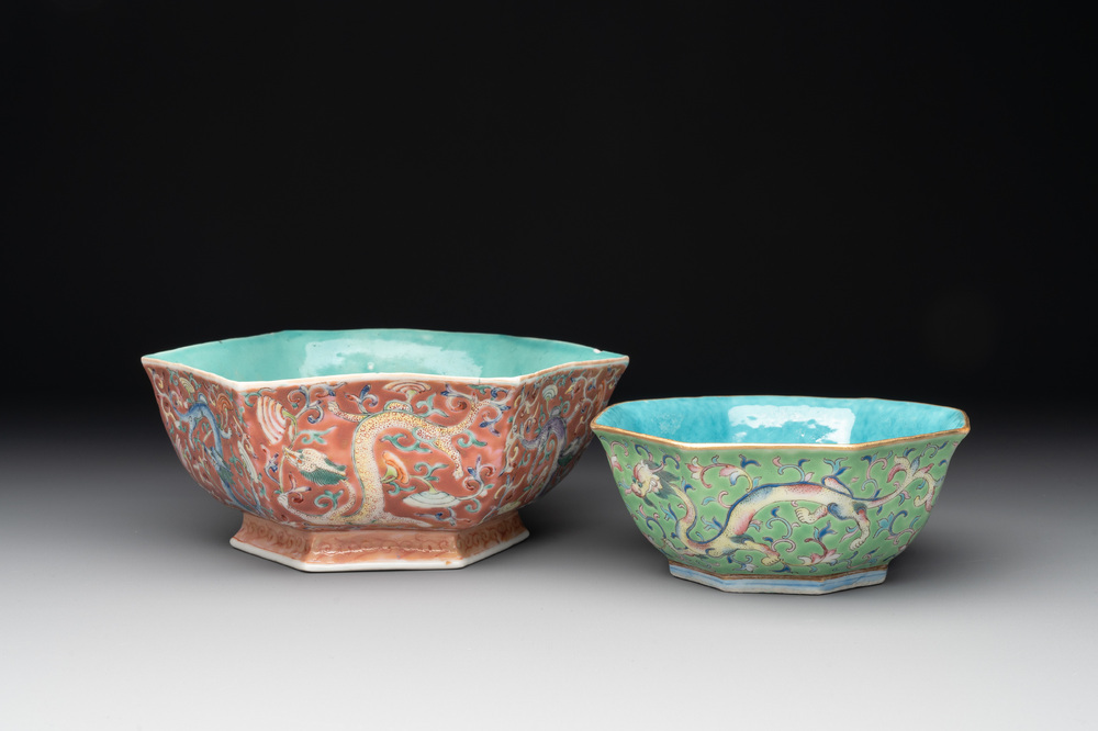 Two Chinese famille rose 'dragon' bowls, Tongzhi mark and of the period