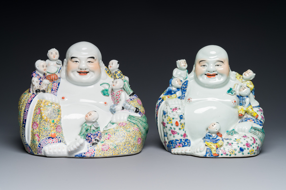 Two Chinese famille rose Milefo Buddhas, Zhu Mao Ji Zao 朱茂記造 and Zhu Yitai 朱義泰 mark, Republic
