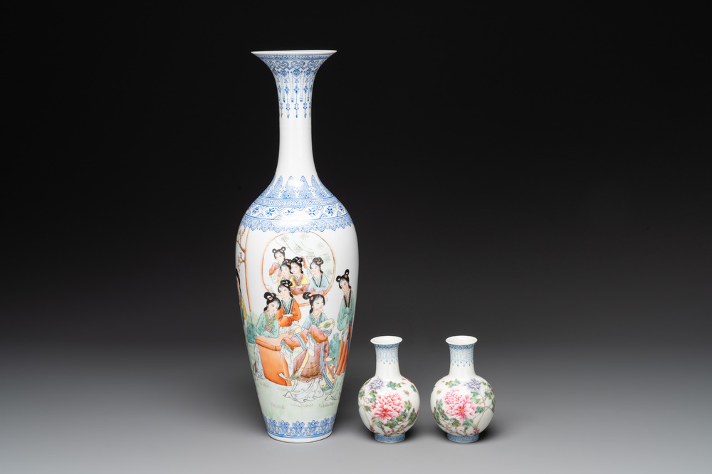 A Chinese famille rose eggshell vase with figural design and a pair of miniature vases, Qianlong mark, 20th C.