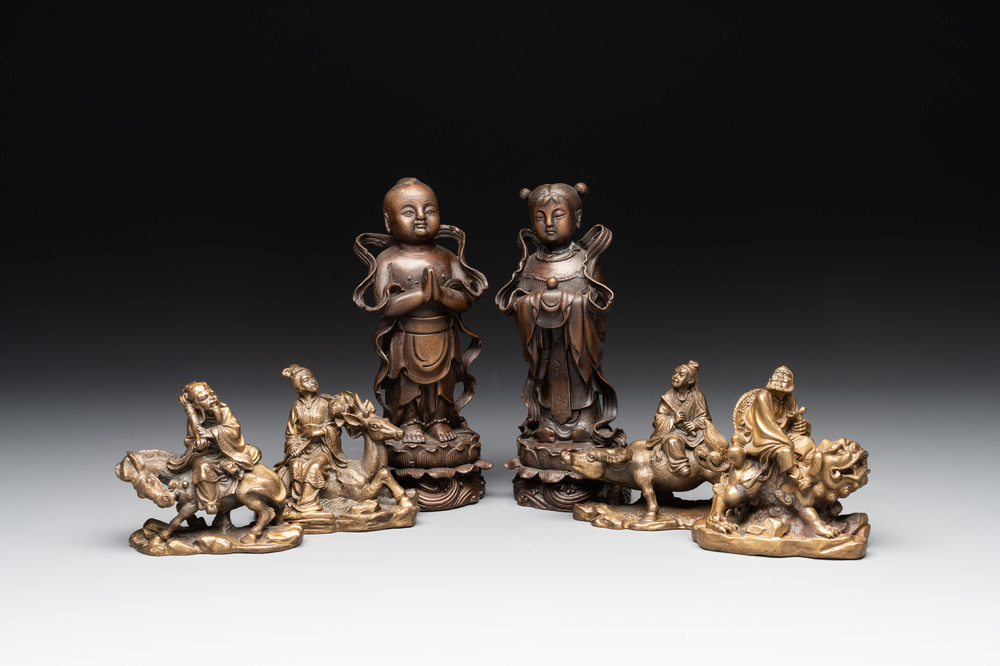 Two Chinese bronze 'He He Er Xian' figures and four immortal figures, 20th C.