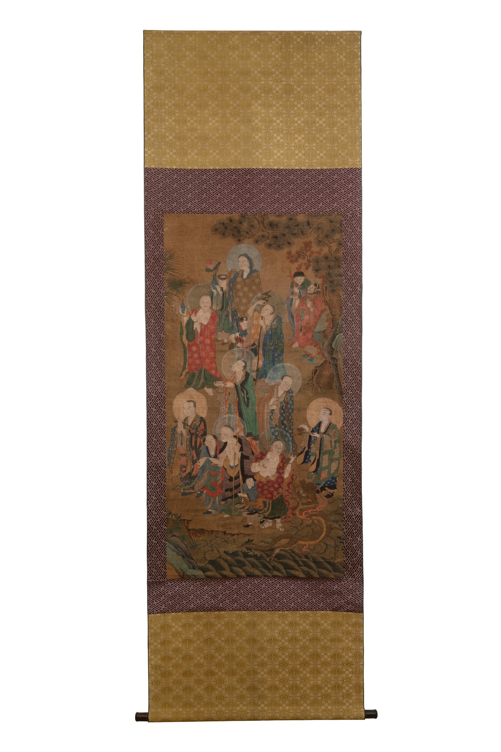 Chinese School: 'Nine Luohan', ink and colour on silk, Qing or later