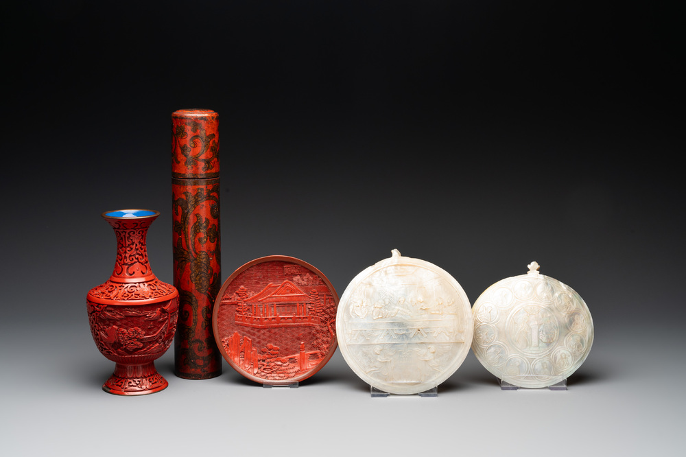 Two Chinese mother-of-pearl plaques, a cinnabar lacquer vase, a plate and a lacquer case, 19/20th C.