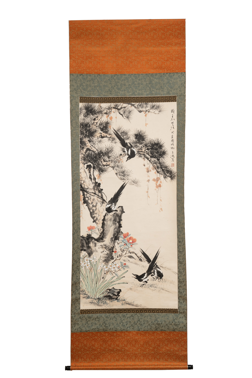 In the manner of Wang Xuetao 王雪濤 (1903-1982): 'Magpies and a pine tree', ink and colour on paper