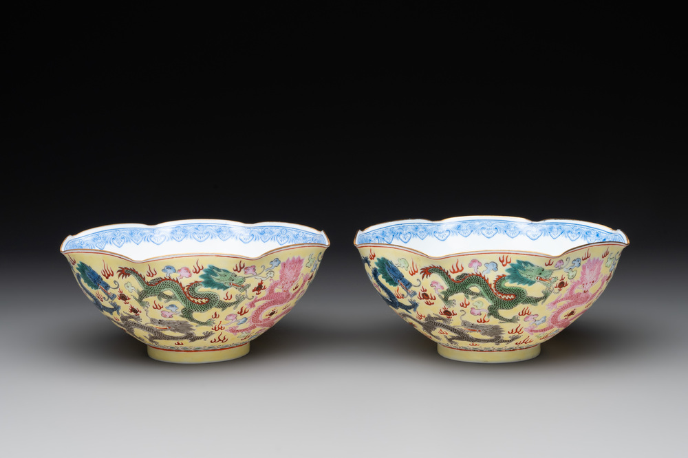 A pair of Chinese eggshell famille rose 'dragon' bowls, Qianlong mark, 20th C.