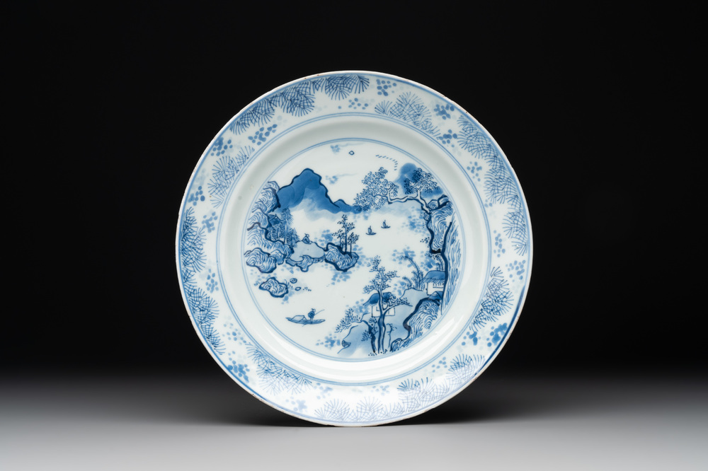 A Chinese blue and white 'Master of the Rocks' plate, Kangxi