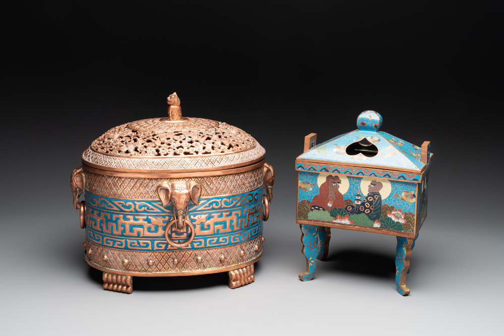 A Chinese cloisonn&eacute; covered censer depicting monks and a covered censer with elephant head handles, 20th C.