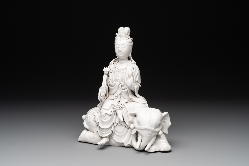 A Chinese Dehua blanc de Chine Guanyin seated on an elephant, 20th C.