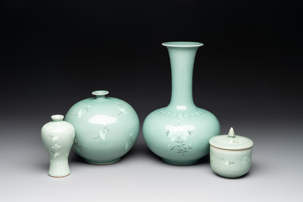 Three Korean celadon-glazed vases and a covered pot, 20th C.