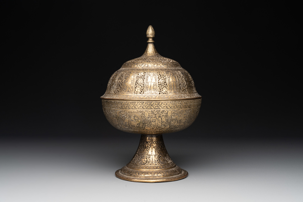 A Persian openworked brass incense burner, Qajar, 19th C.