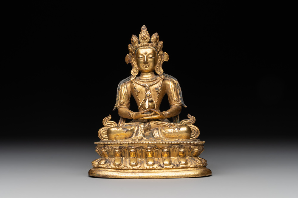 A Sino-Tibetan gilt bronze Buddha Amitayus, 18th C.