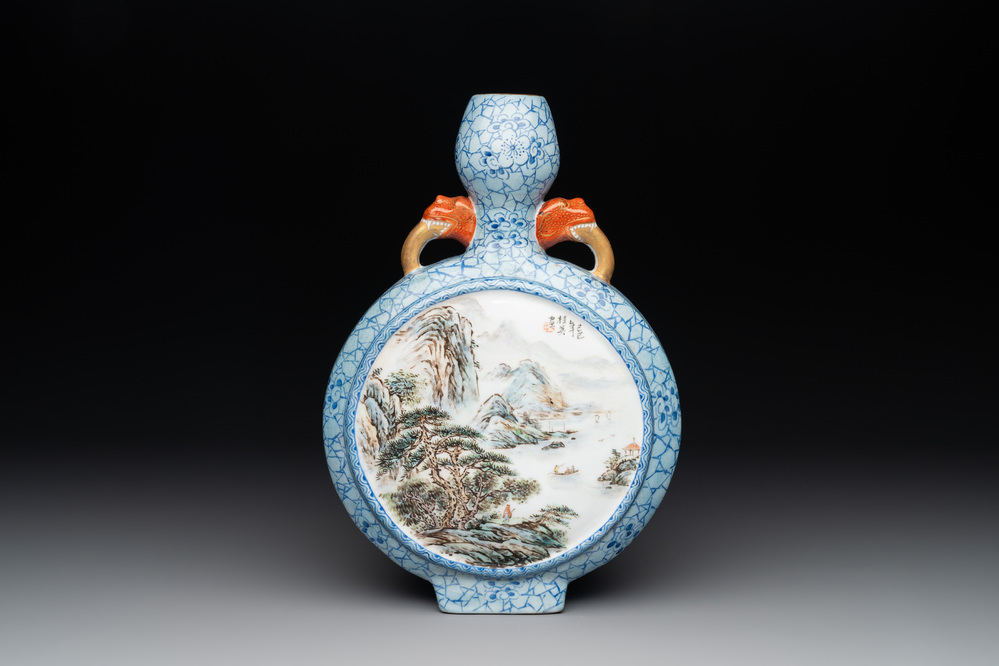 A Chinese famille rose 'landscape' 'hu' vase, signed Guiying 桂英, Jingdezhen mark, 20th C.