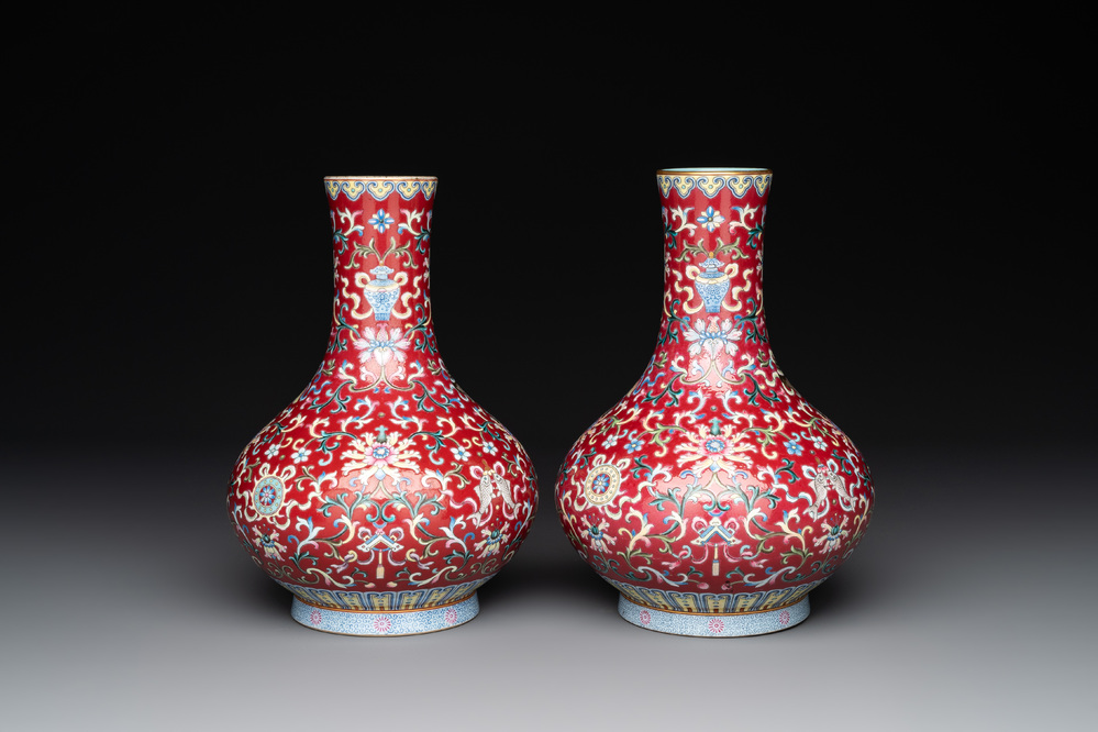 A pair of Chinese famille rose 'bajixiang' vases, Qianlong mark, Republic