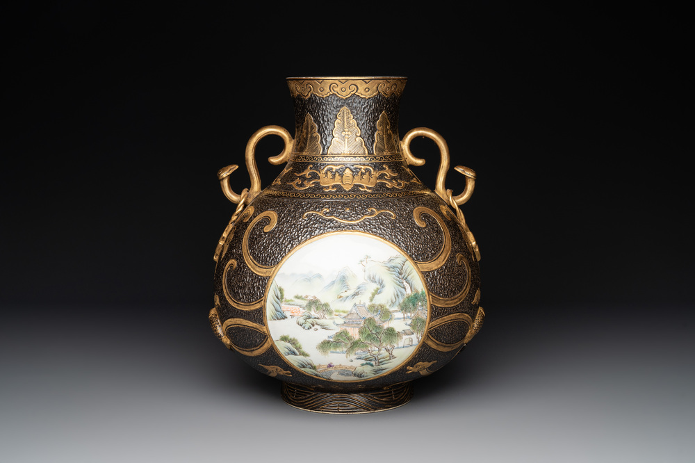 A Chinese famille rose faux-bronze 'landscape' 'hu' vase, dated 1949