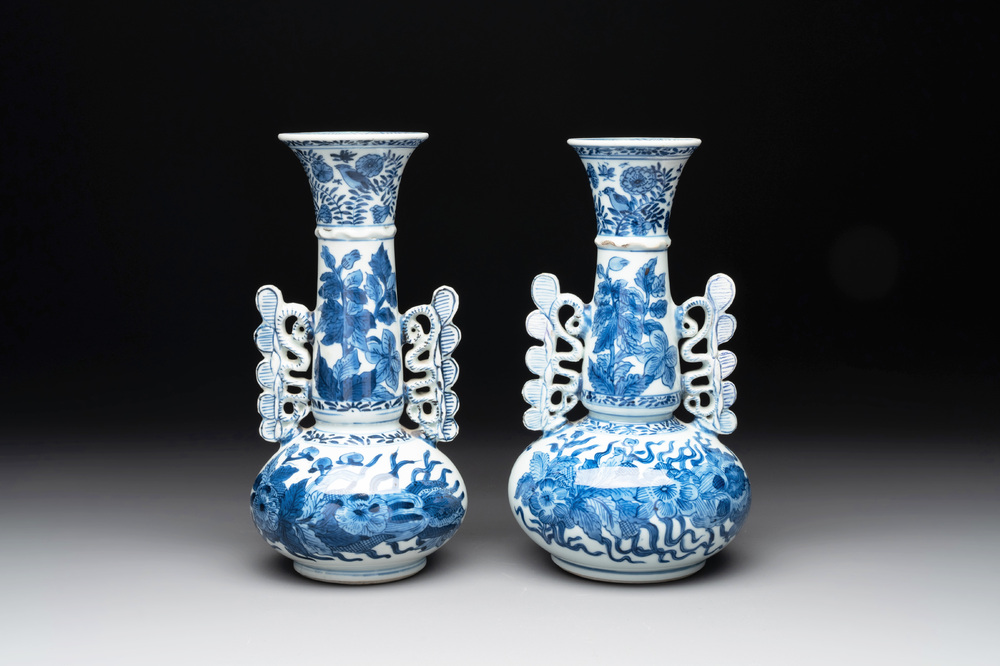 A pair of Chinese blue and white vases after Venetian glass models, Kangxi