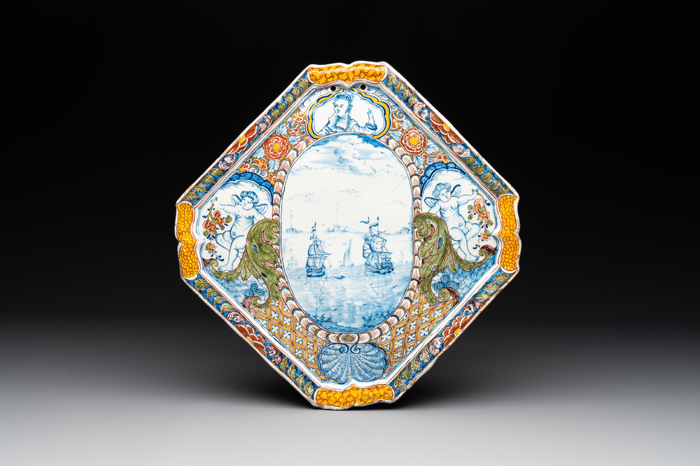 A lozenge-shaped polychrome Dutch Delft mixed technique 'maritime subject' plaque, 18th C.