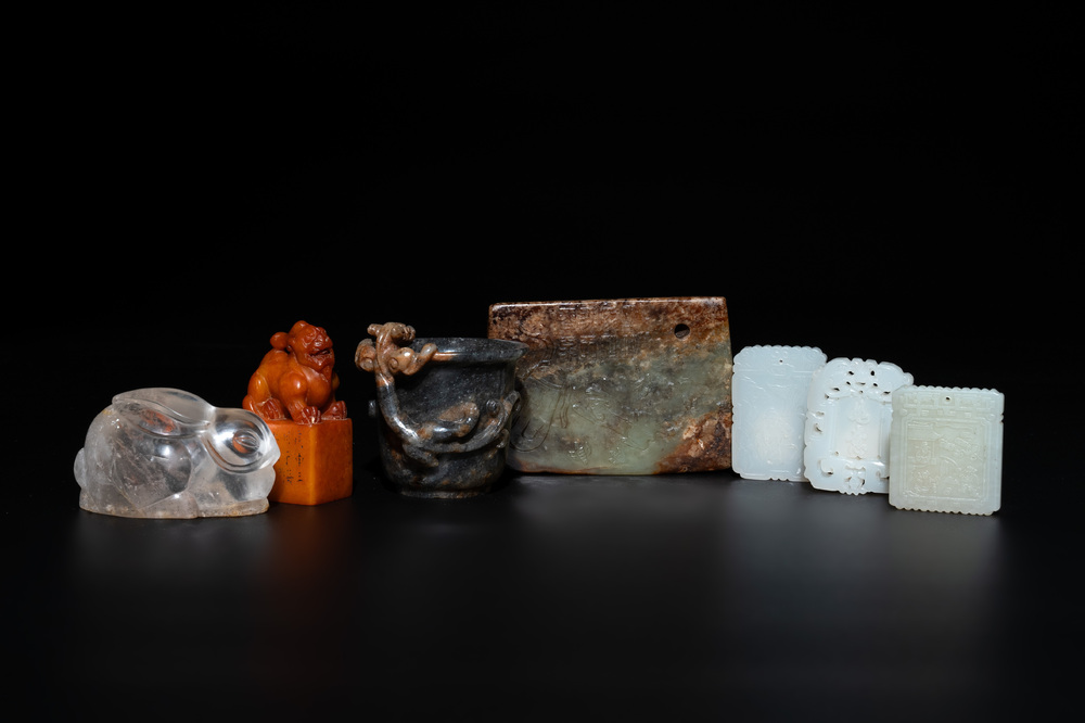 Seven Chinese jade and rock crystal carvings, 19/20th C.
