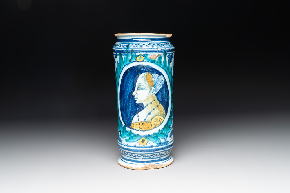 An Italian maiolica 'Bella Donna' albarello, Faenza, ca. 1490-1510