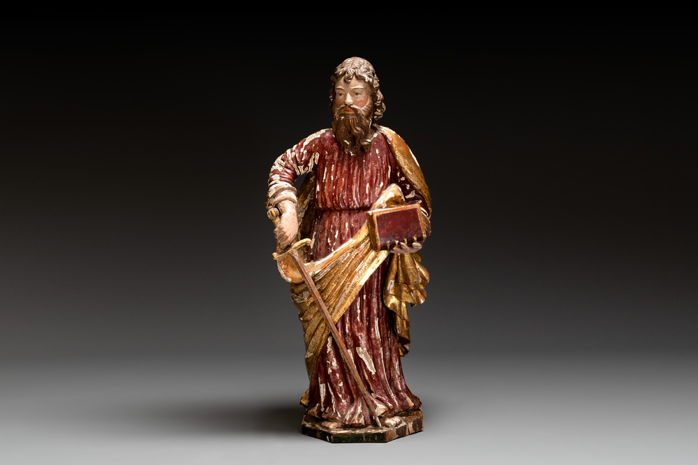 A large gilt and polychromed oak sculpture of Saint Paul, possibly France, 18th C.