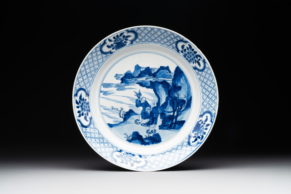 A Chinese blue and white 'Hehe Erxian' dish, Jiajing mark, Kangxi