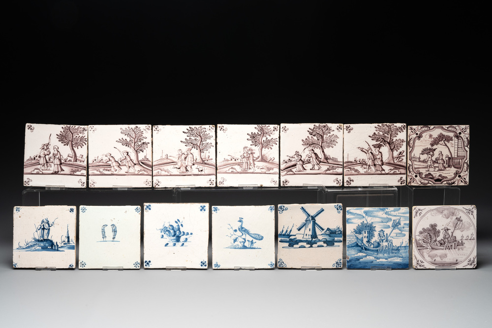 14 blue, white and manganese Dutch Delft tiles, 18th C.