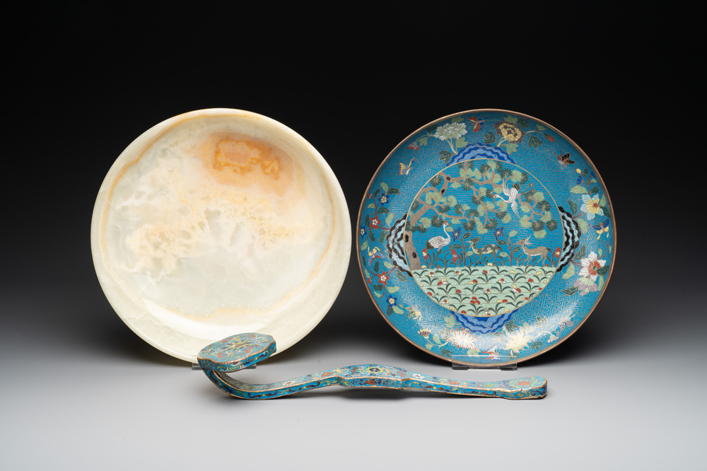 A Chinese cloisonn&eacute; 'crane and deer' dish, a ruyi and an alabaster dish, 20th C.