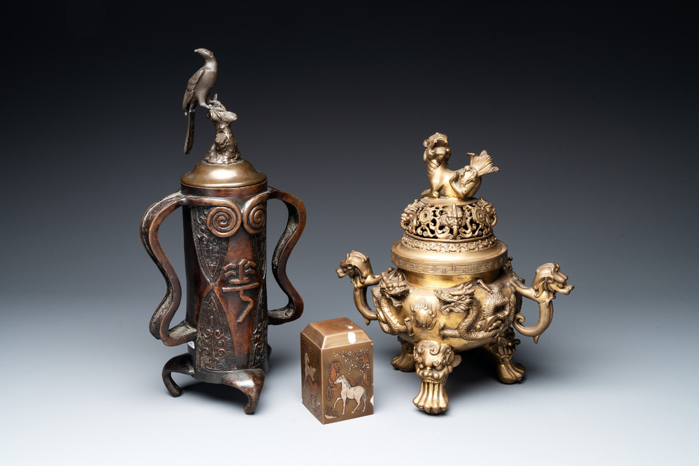 A Chinese bronze covered censer, a seal and a Japanese bronze covered censer, Xuande mark, 20th C.