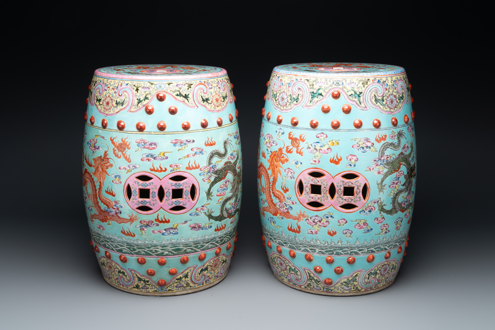 A pair of Chinese famille rose turquoise-ground 'dragon' garden seats, Republic