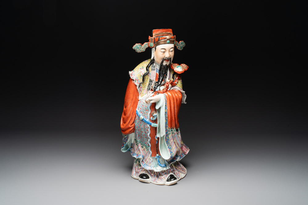 A large Chinese famille rose figure of the star god Lu, Wu Yongmao 吴永茂 seal mark, Republic