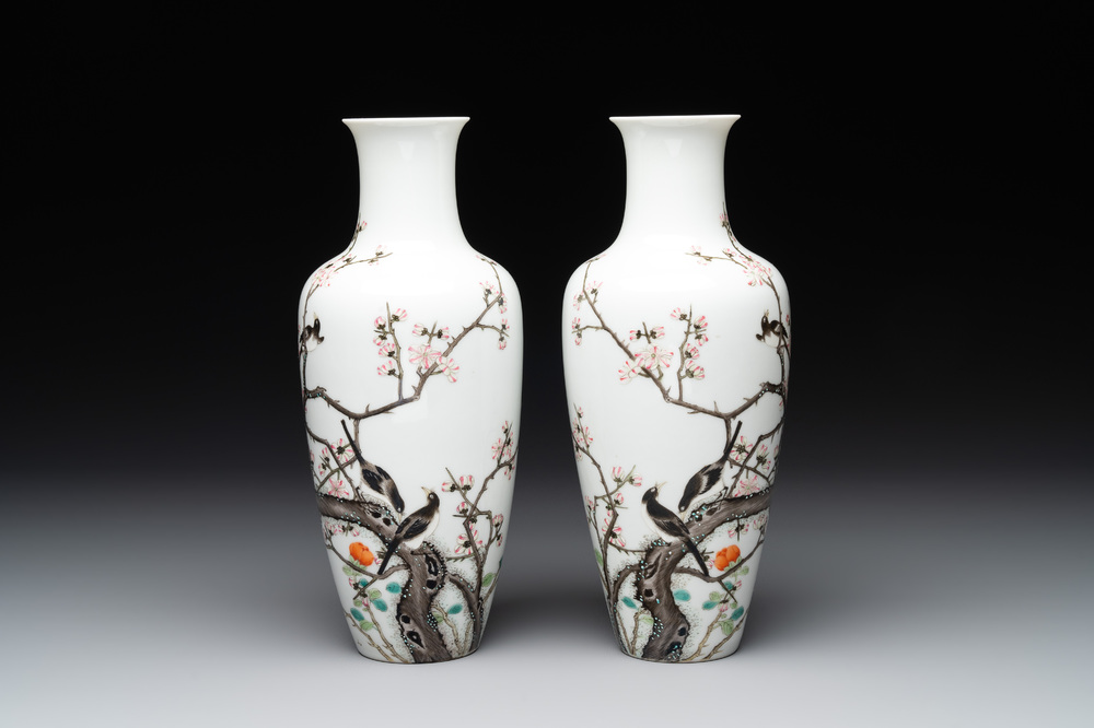 A pair of Chinese famille rose 'birds among flowering branches' vases, Ju Ren Tang 居仁堂製 mark, Republic
