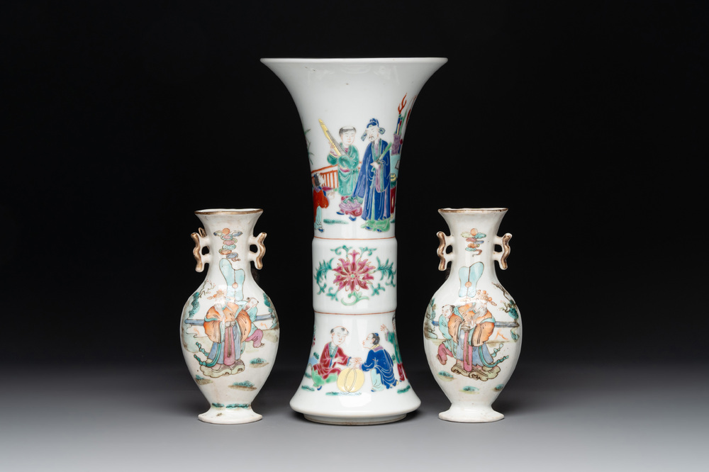 A pair of Chinese famille rose wall vases and a 'gu' vase, 19/20th C.