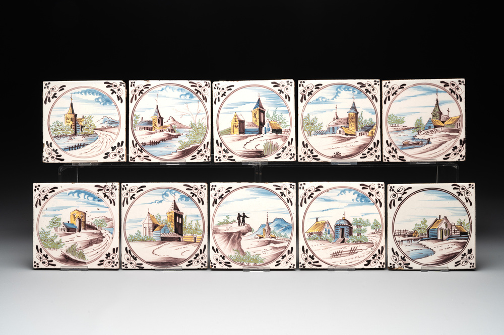 Ten polychrome Dutch Delft 'landscape' medallion tiles, 19th C.