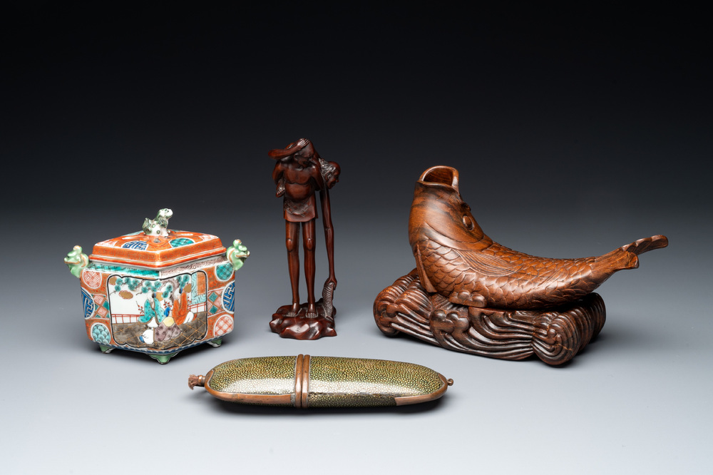 A small Kutani porcelain incense burner, two wooden sculptures, and a shagreen glasses case, Japan, Meiji, 19/20th C.