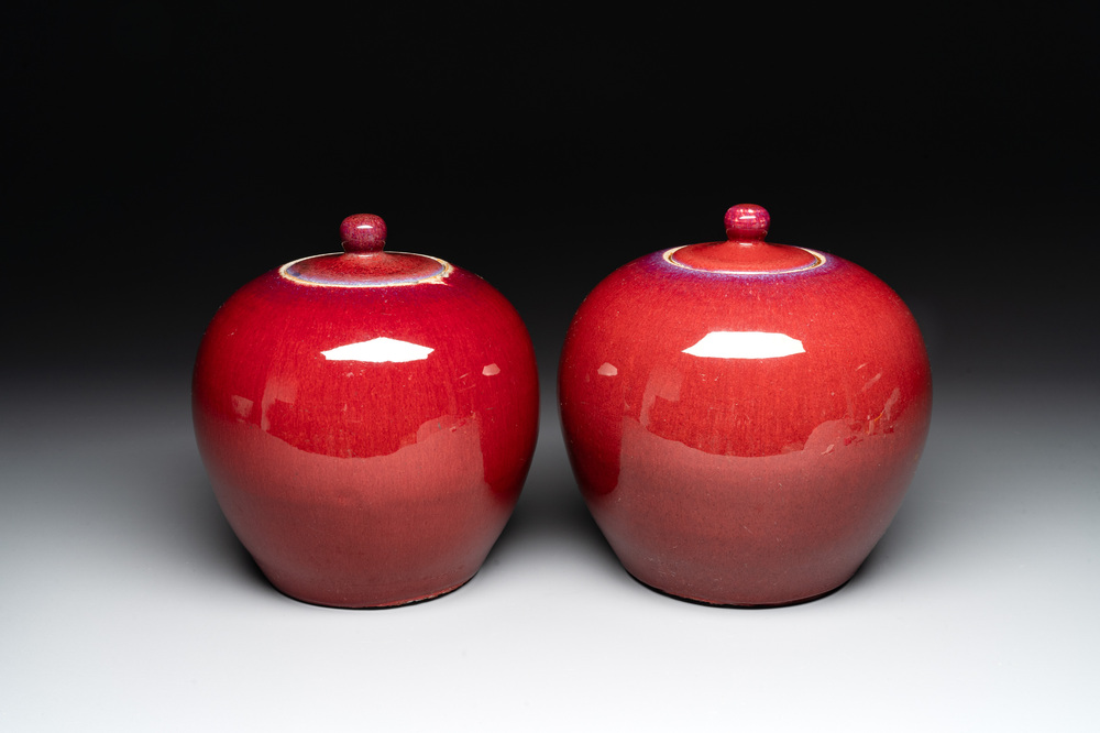 A pair Chinese flamb&eacute;-glazed jars and covers, 19th C