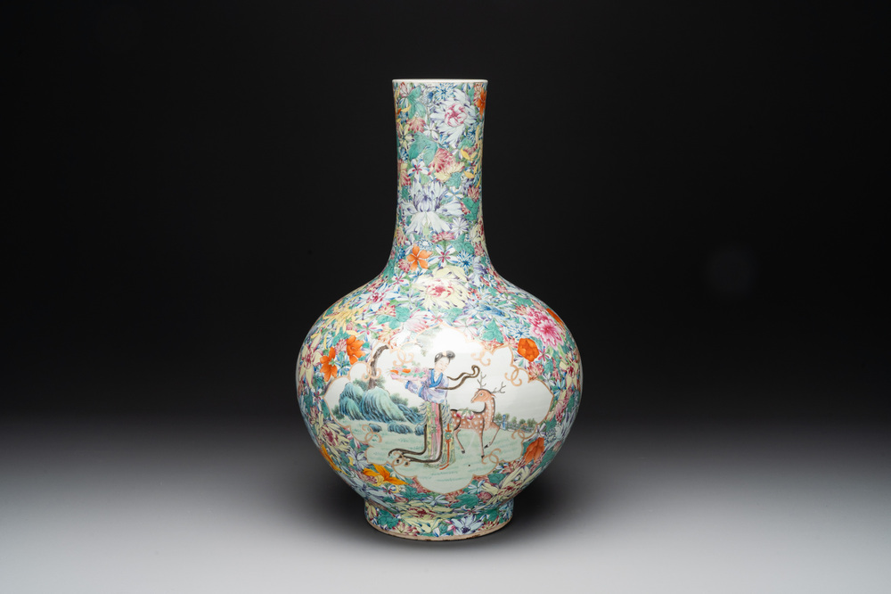 A fine Chinese famille rose 'millefleurs' bottle vase with immortals, Kangxi mark, Republic