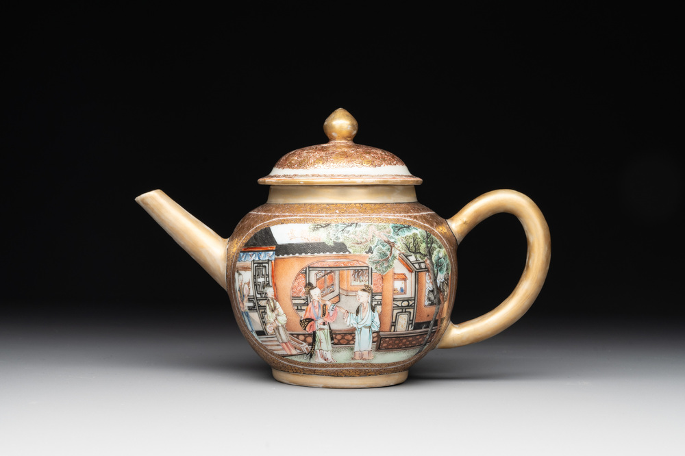 A fine Chinese Canton famille rose teapot with figures in a garden, Yongzheng
