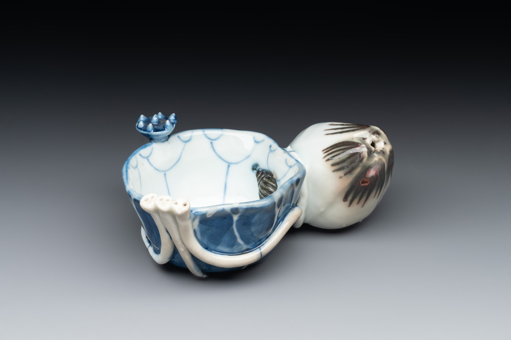 A Chinese copper-red, blue and white lotus-shaped water dropper, Kangxi