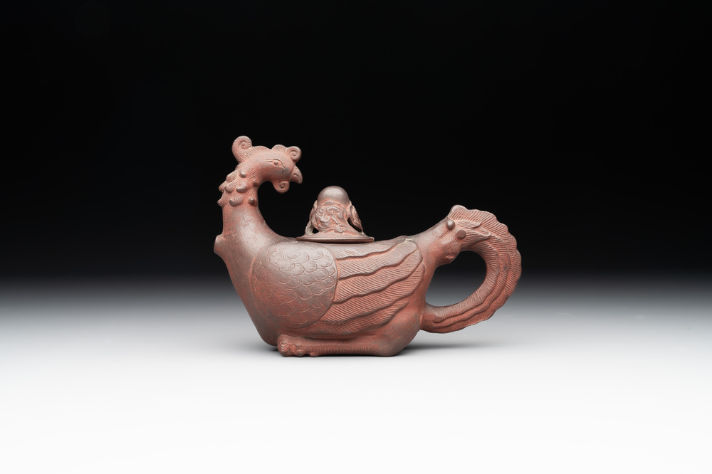 A Chinese Yixing stoneware phoenix-form teapot and cover, Kangxi