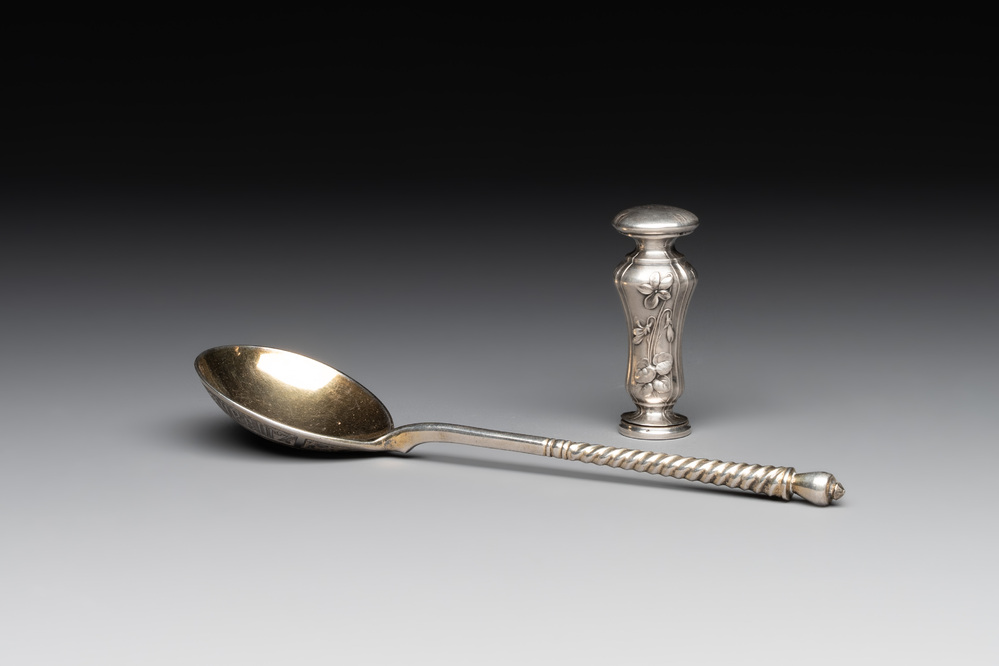 A parcel-gilt silver spoon and a 'C.J.K.' engraved seal stamp, Russia and possibly France, 19/20th C.