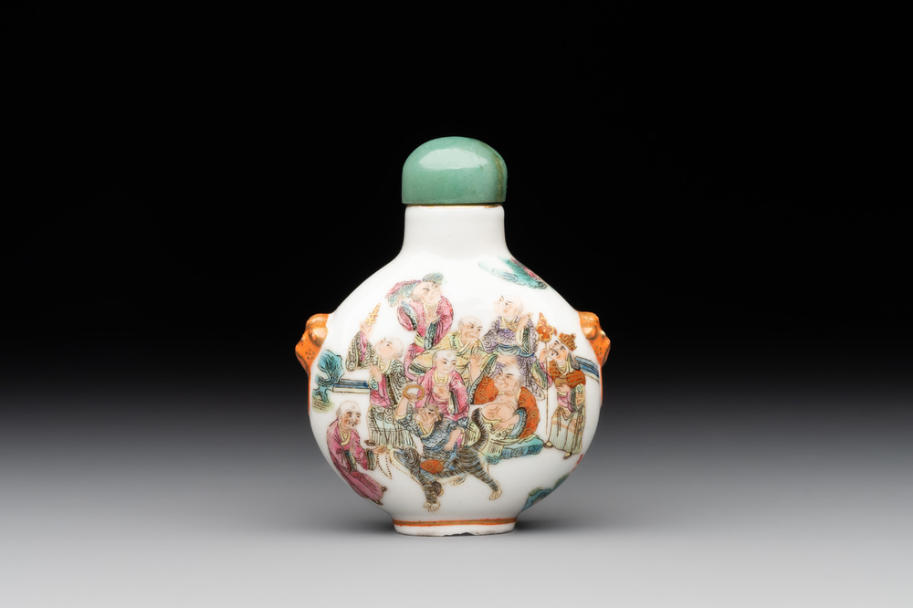 A Chinese famille rose '18 Luohan' snuff bottle, Daoguang mark and of the period