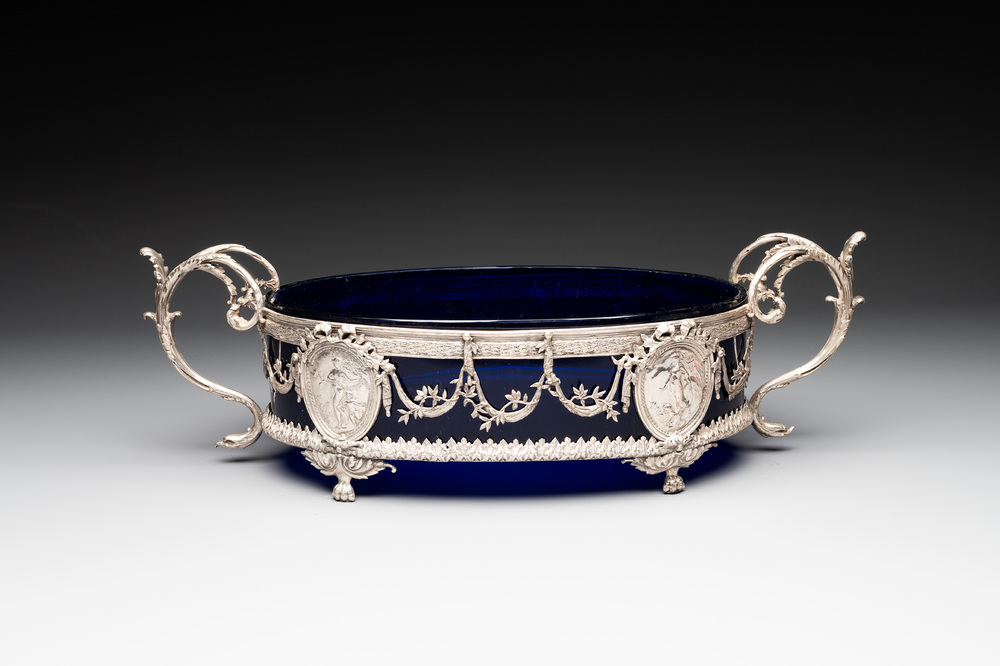 A silver and blue glass jardini&egrave;re, signed J.P. Legastelois, 19/20th C.