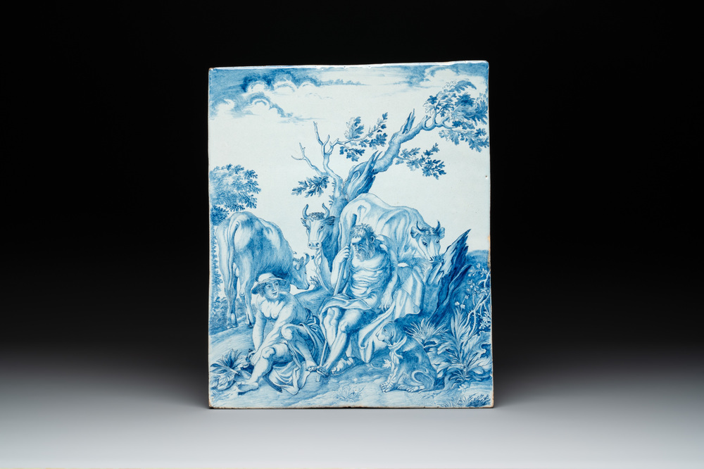 A large and fine blue and white Dutch Delft 'Mercury and Argus' plaque after Jacob Jordaens, 18th C.