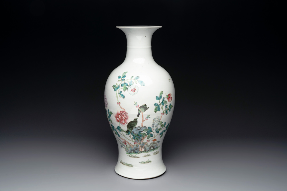 A Chinese famille rose 'birds among flowering branches' vase, Qianlong mark, 19th C.