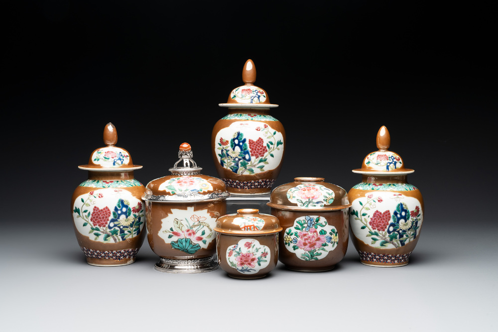 Three Chinese famille rose capucin-brown-ground vases and three covered sugar bowls, 18/19th C.