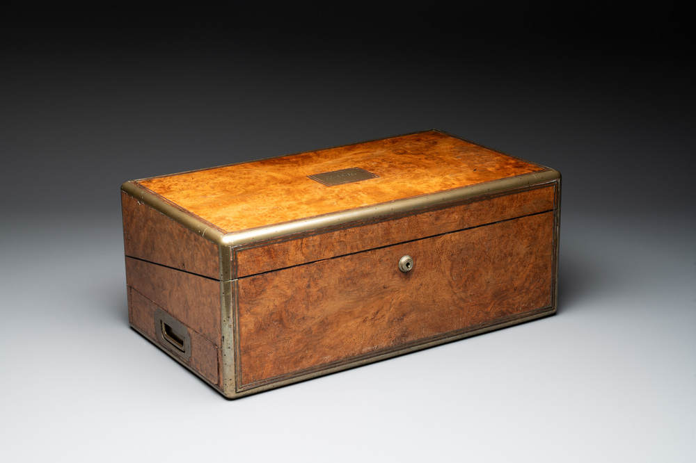 A burlwood- and rosewood veneered travel writing box, Pearce Maker 77 Cornhill London, dated 31st Dec. 1859