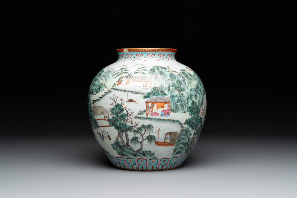 A Chinese famille rose 'fisherman, woodcutter, farmer and scholar 漁樵耕讀圖' vase, Shen De Tang 慎德堂 mark, 19/20th C.