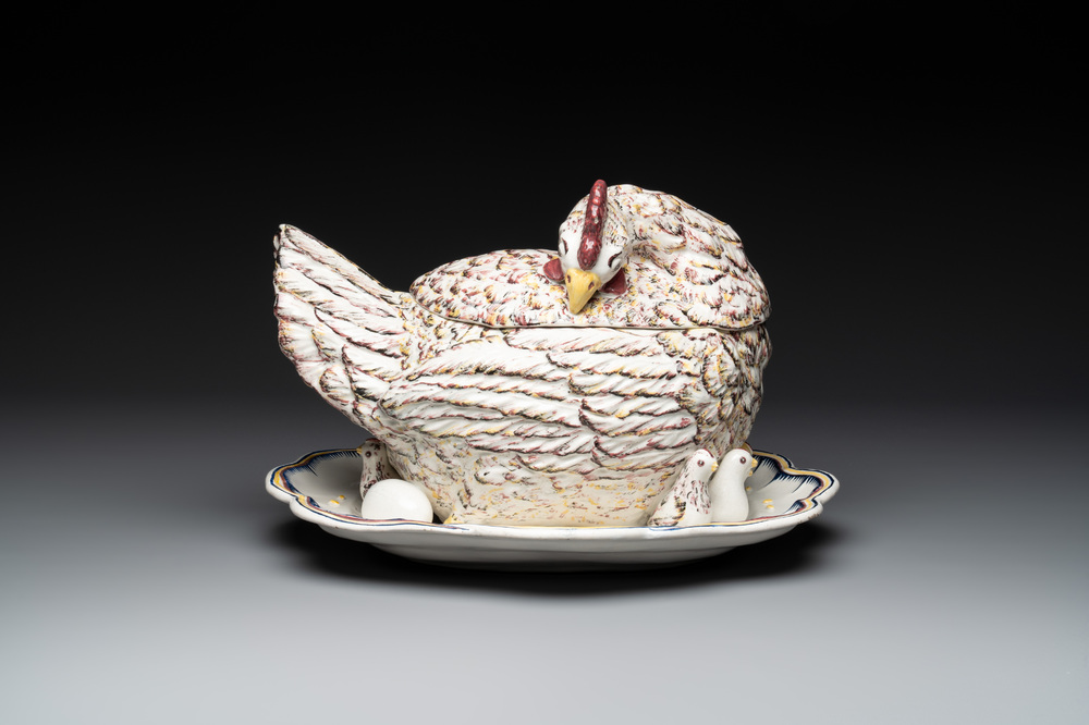 A polychrome French faience 'hen' tureen and cover, Ferri&egrave;re-la-Petite, 18th C.