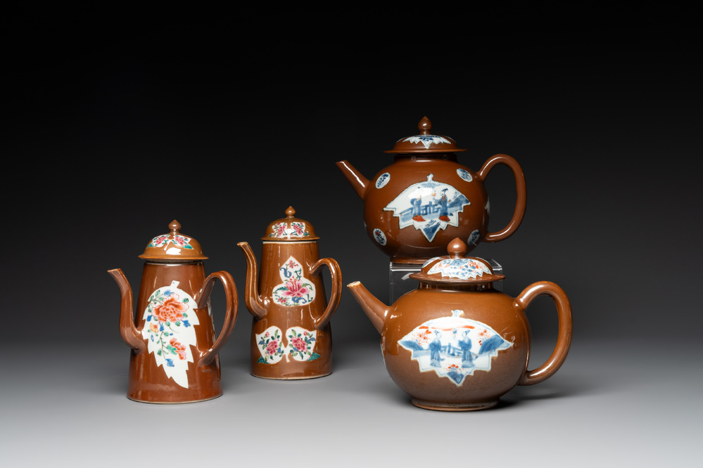 A pair of large Chinese Imari-style capucin-brown-ground teapots and two famille rose chocolate pots, Qianlong