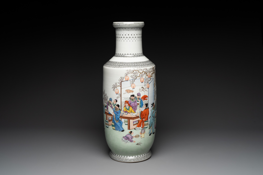 A Chinese famille rose 'Chun Ye Yan Tao Li Yuan 春夜宴桃李園' vase, Qianlong mark, 20th C.