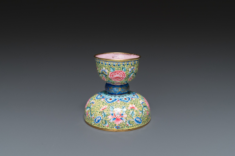 An unusual Chinese yellow-ground Canton enamel spittoon, Qianlong